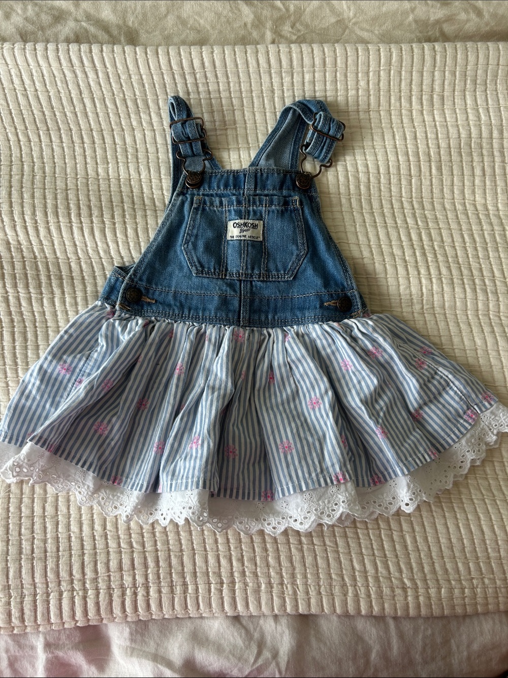 OshKosh B'gosh Denim Overall Dress with Blue Stripe & Pink Floral